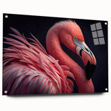 Close-up of a bird in flight, captured on a large acrylic glass, with a palette of muted earth tones.