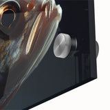 Close-up of a bird in muted earth tones on acrylic glass, ideal for dining room art in a mid-century modernist style.