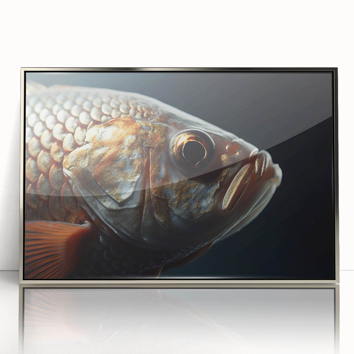 Mid-century modernist art of a bird in flight, featuring cool gray tones on a silver-framed acrylic print.