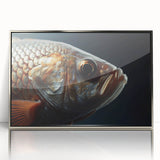 Mid-century modernist art of a bird in flight, featuring cool gray tones on a silver-framed acrylic print.