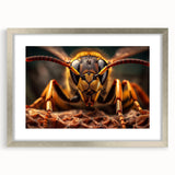 Textured art print of abstract bird design in muted earth tones on a framed silver matte, ideal for bedroom art.