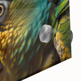 Mid-century modernist acrylic print of a large abstract bird design in vibrant colors, ideal for dining room art.