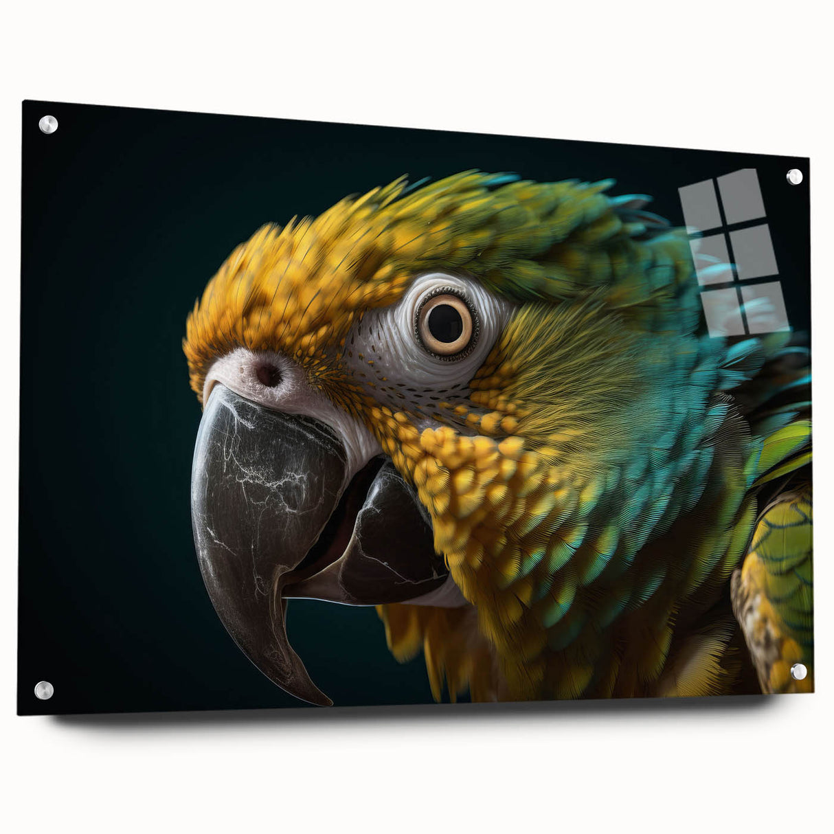 Acrylic print of a close-up bird design in vibrant colors, ideal for dining room or bedroom decor.