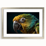 Textured art print of abstract bird design in silver frame, with muted earth tones, ideal for bedroom wall decor.