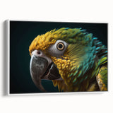 Vintage poster art of colorful birds on a black background, framed canvas, ideal for living room decor.