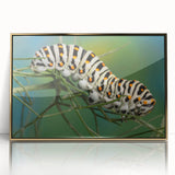 Large art print of a mid-century modernist bird design in muted gold tones on framed acrylic.