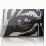 Large art print of a mid-century modernist bird design in muted gold tones, framed in acrylic.