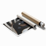 Close-up image of a bird perched on a floral branch, rendered in soft pastel shades on a large rolled canvas.