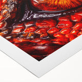 Art deco poster featuring a stylized peacock in muted green and blue tones on rolled canvas, suitable for dining room decor.