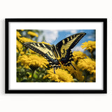 Extra large textured abstract art print of colorful birds, framed in black, ideal for living room decor.