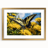 Extra large abstract art print of birds in flight, textured with muted earth tones on a gold-framed canvas.