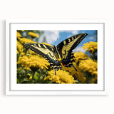 Abstract art print of birds in flight, using muted blues and grays, framed with a white mat, suitable for dining room decor.