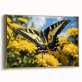 Framed canvas featuring a vintage-style landscape painting of birds in flight, set against a black background.