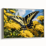 Framed canvas of a vintage landscape painting featuring colorful birds in flight against a black background.