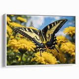 Vintage poster art of colorful birds on a black background, framed canvas, ideal for living room decor.