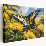 Close-up of a bird in flight on stretched canvas, with muted earth tones, ideal for kitchen wall art.