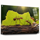 Acrylic glass print of a large abstract depiction of birds in flight, using vibrant blue and green hues.