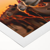 Art deco poster of a stylized bird in muted gold and teal tones, ideal for dining room wall art.