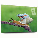 Large abstract wall art of birds in flight, rendered in muted blue and gray tones on acrylic glass.