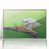 Art deco poster of vibrant birds in flight, acrylic print in white frame, suitable for modern nursery decor.