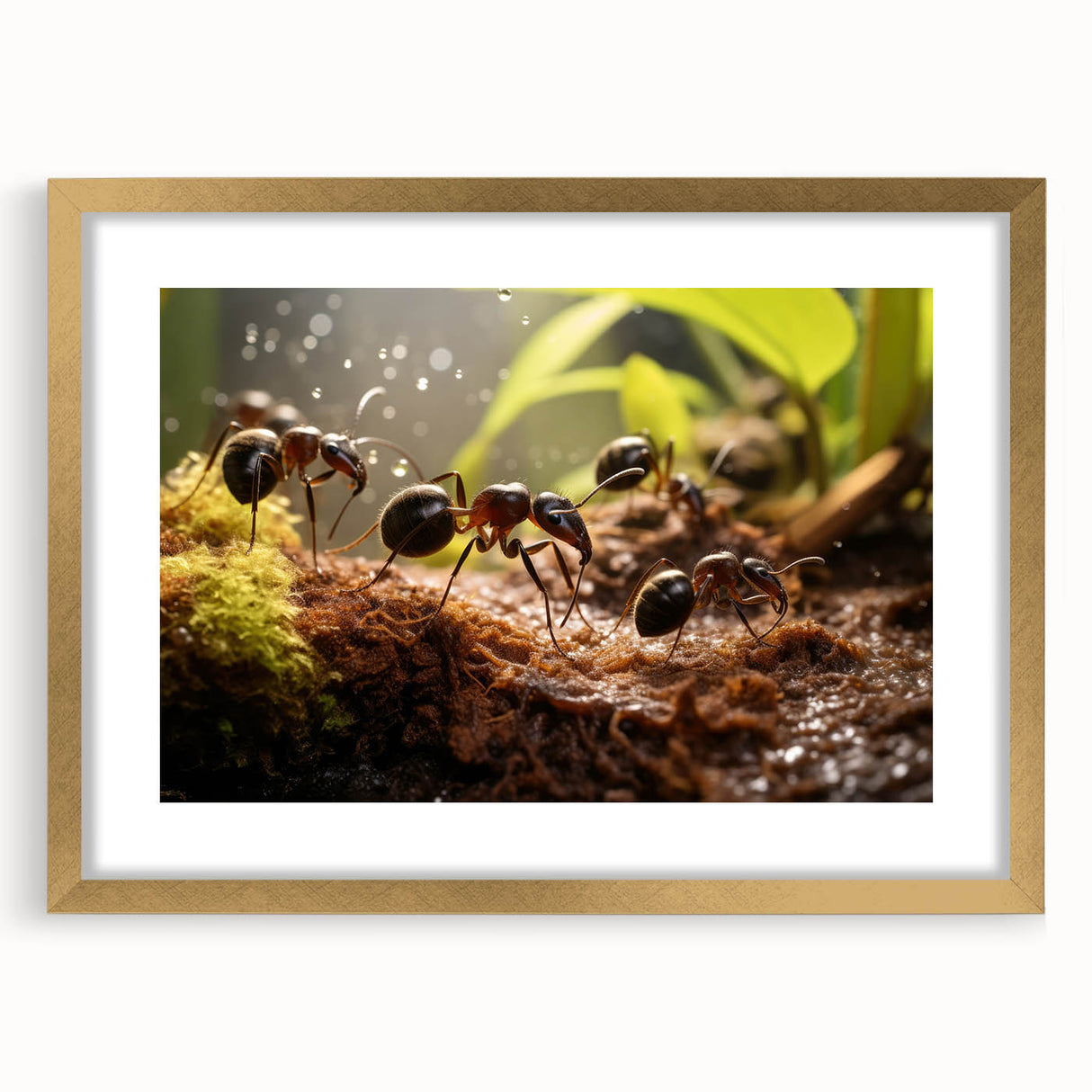Extra large abstract art print of birds in flight, with textured details in gold and black, framed with mat.
