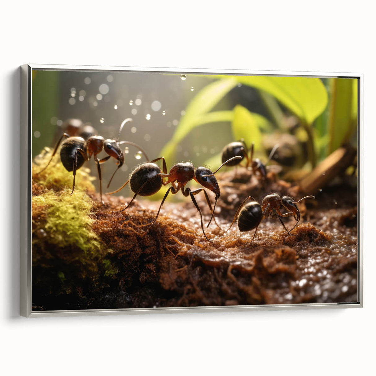 Framed canvas landscape art painting featuring a colorful bird in a black vintage poster style, ideal for living room decor.