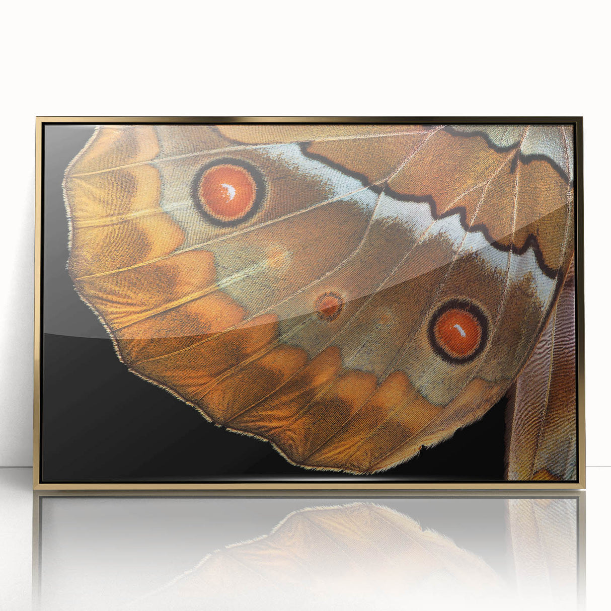 Large art print of a mid-century modernist bird design in gold and black, framed acrylic, ideal for modern art wall decor.