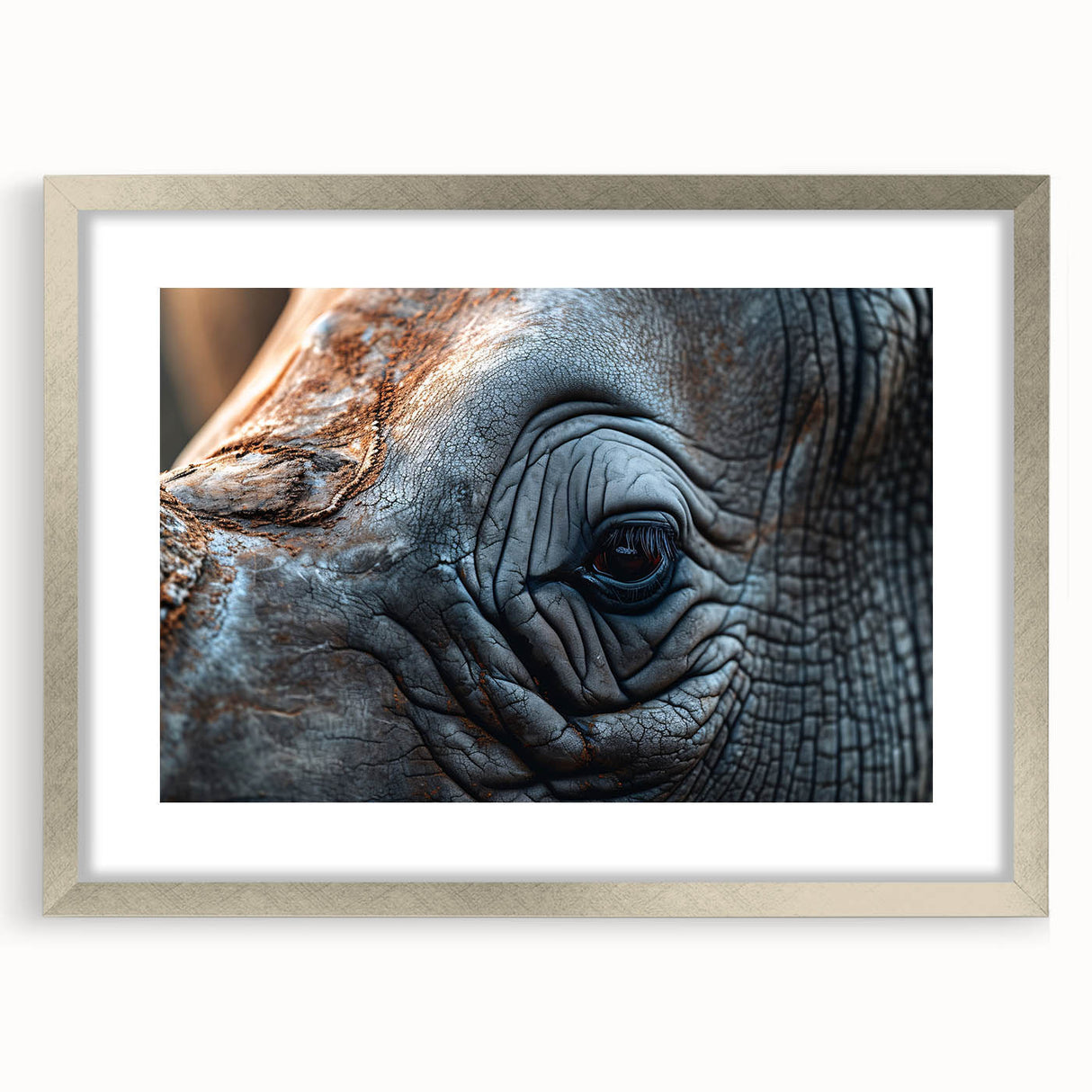 Textured art print of abstract birds in muted gray and blue tones, framed with a silver mat, suitable for bedroom decor.