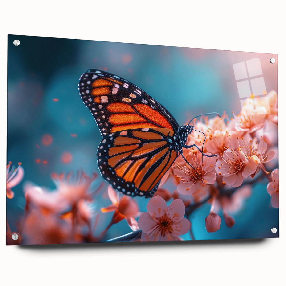 Large abstract wall art of a bird in flight, rendered in vibrant blue and white tones on acrylic glass.