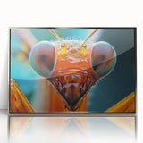 Mid-century modernist art of a bird, in muted earth tones, framed in silver acrylic, ideal for nursery wall decor.