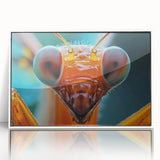 Art deco poster of colorful birds on branches, acrylic print in white frame, suitable for nursery wall decor.