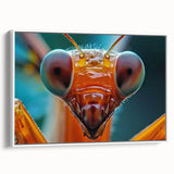 Vintage poster art of a colorful bird on a black background, framed canvas, ideal for living room decor.