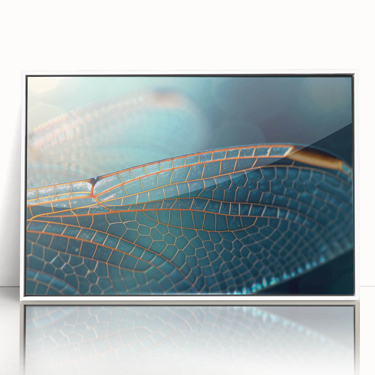 Art deco poster of birds in flight, using muted blue and green tones on a white acrylic framed material.