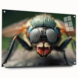 Close-up of a bird in vibrant blue and green hues on acrylic glass, suitable for bedroom or dining room decor.