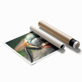 Close-up image of a bird among floral branches in soft green and pink tones on a rolled print.