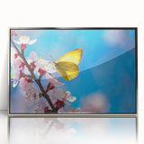 Mid-century modernist art of a bird in flight, acrylic print in silver frame, ideal for nursery wall decor.