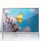 Art Deco-style bird illustration in muted greens and blues on a white acrylic frame, ideal for nursery wall art.