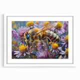 Abstract art print of a colorful bird, framed in white, ideal for dining room decor.