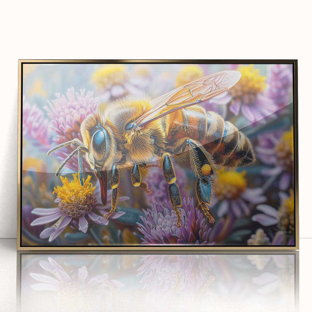 Mid-century modernist acrylic print of birds in flight, framed in gold, ideal for nursery wall decor.