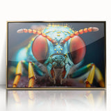 Large art print of a mid-century modernist bird design in muted gold tones on framed acrylic.