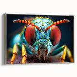 Framed canvas of a colorful bird in flight, set against a black background, in a vintage poster style.