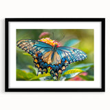 Extra large, textured abstract art print of colorful birds, in a black frame with mat, ideal for living room decor.