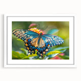 Abstract art print of vibrant birds in motion on a white framed canvas, ideal for dining room decor.