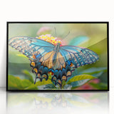 Large abstract wall art featuring a mid-century modernist bird design in black and white tones on a framed acrylic.