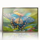 Large art print of a mid-century modernist abstract bird design in gold and white hues on acrylic.