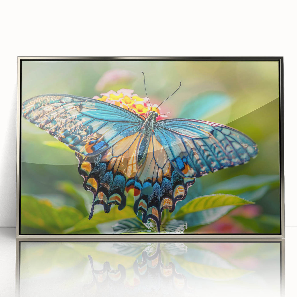Mid-century modernist art featuring a close-up of a bird in pastel shades, framed in silver acrylic.
