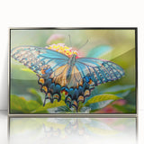 Mid-century modernist art featuring a close-up of a bird in pastel shades, framed in silver acrylic.