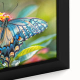 Close-up of a colorful bird on black textured canvas, ideal for extra large living room wall art.