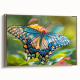 Framed canvas of a vintage-style landscape painting featuring birds in flight, set against a black background.