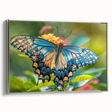 Landscape painting of colorful birds in flight on a black background, silver-framed canvas, suitable for living room decor.